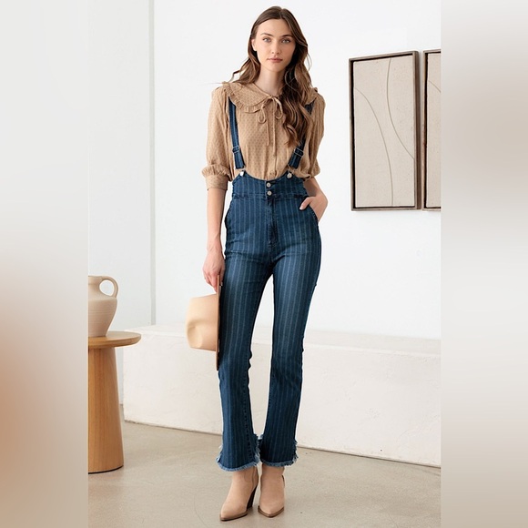 NWT-Striped Pattern Stretched Suspender Denim Jumpsuit - Picture 1 of 7